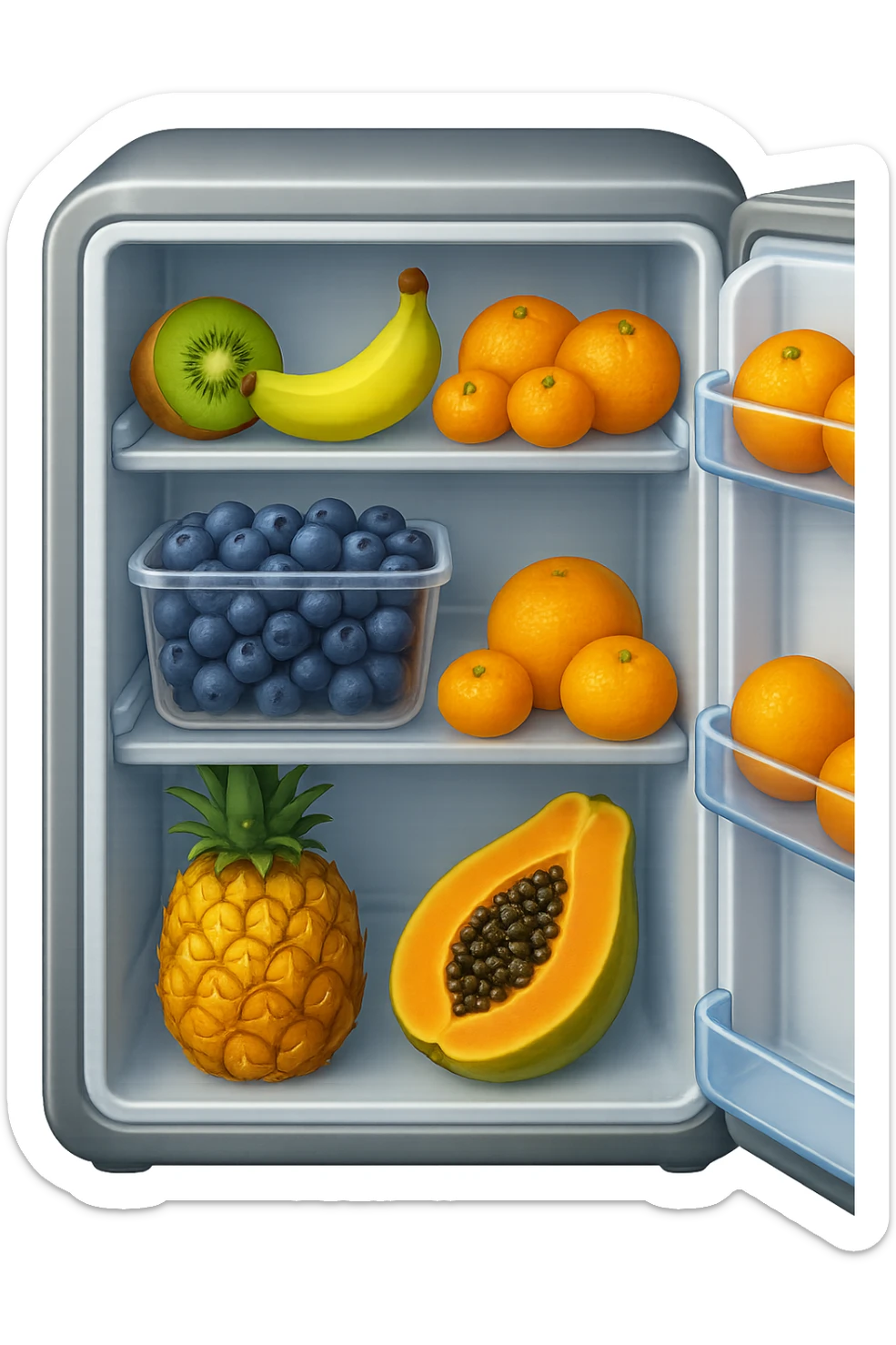 emoji stile iphone di un frigo aperto con dentro ben visibili questi alimenti: Kiwi
Banana acerba
Arance e mandarini
Mirtilli
Ananas
Papaya
IPERREALISTICO 4K sticker