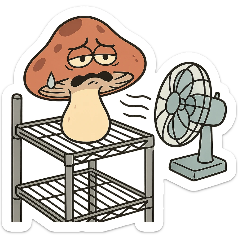 a cartoon style illustration of a mushroom on a rack with a fan pointed at it sticker