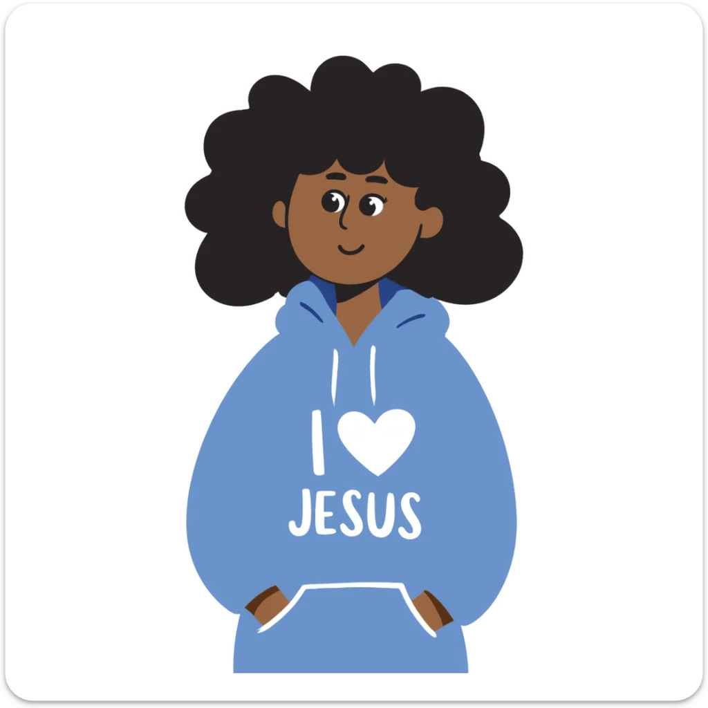 dark skin girl with dark brown short curly hair, wearing a blue hoodie with the text 'I heart Jesus' visible sticker