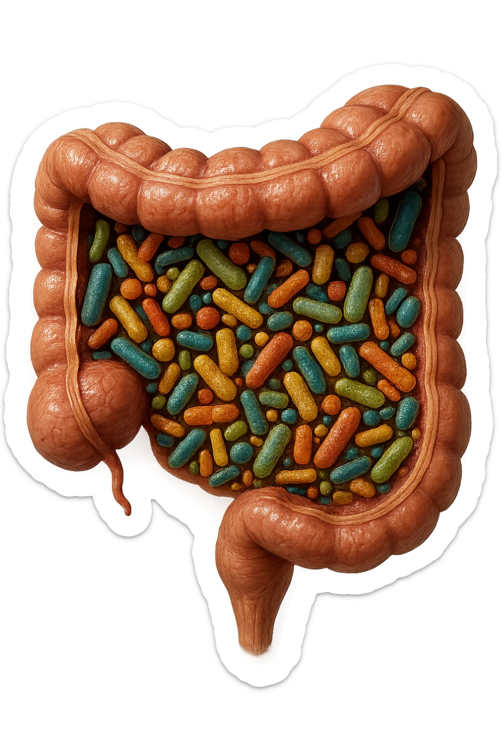 COLON DI UN INTESTINO UMANO ANATOMICO CON ALL'INTERNO PIENO DI BATTERI INTESTINALI, IPERREALISTICO 4K sticker
