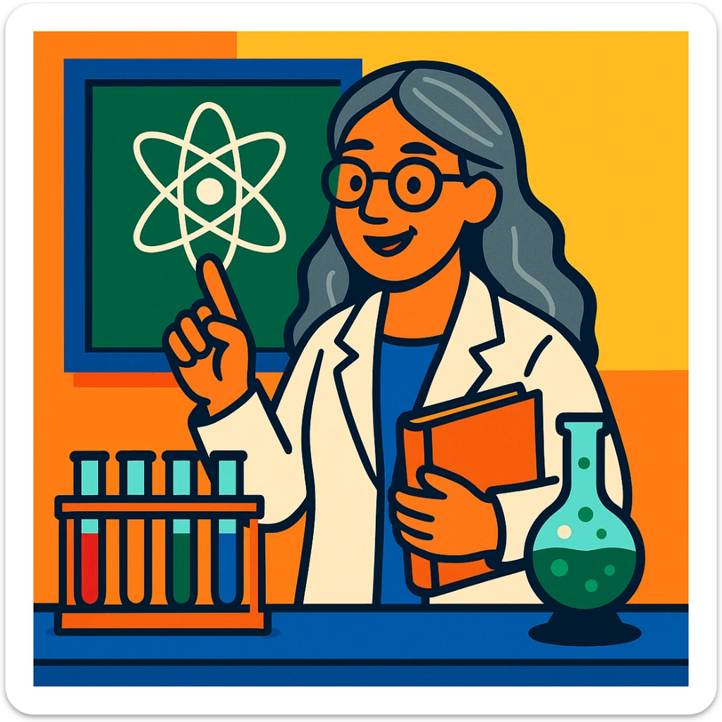 woman science teacher with long graying hair, at a lab table with test tubes, in vibrant toon style sticker