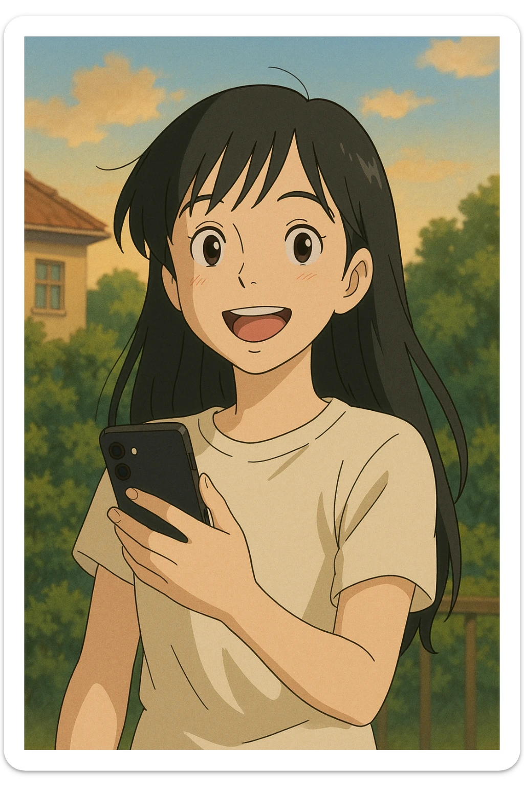 smiling white girl with long black hair holding cellphone sticker