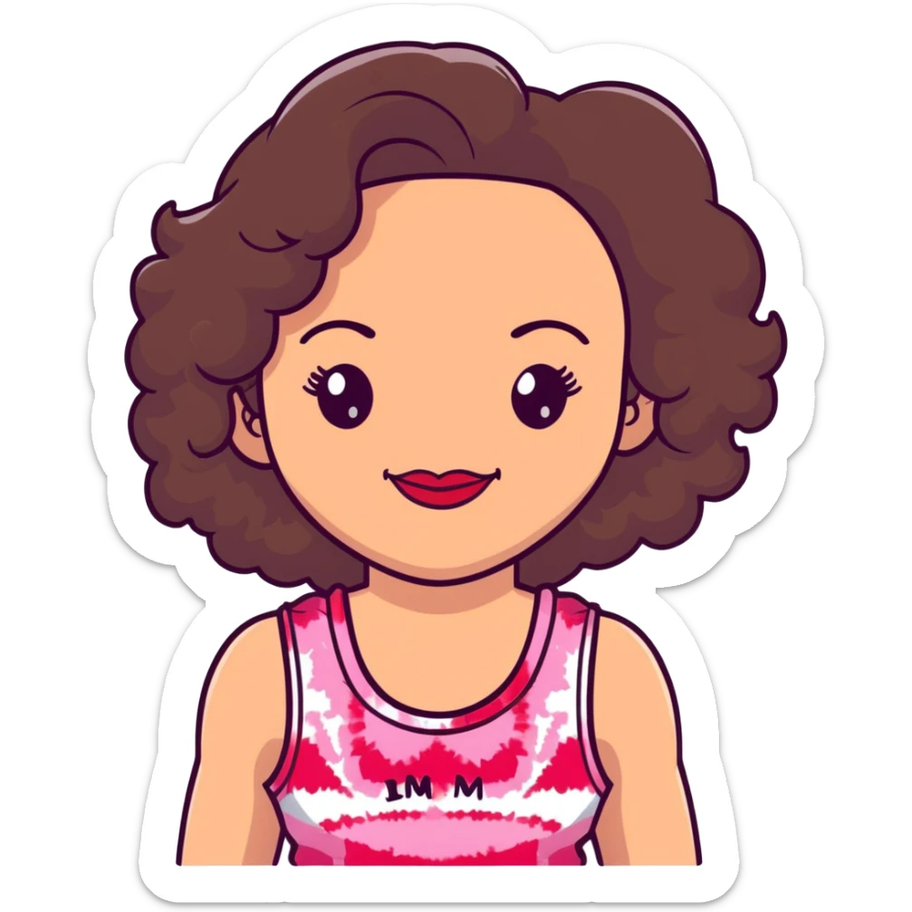 Artistic woman with fair skin, elongated face, abundant dark brown curly hair, large expressive almond brown eyes, full lips with soft red lipstick, wearing pink tie-dye tank top, maternal welcoming smile sticker