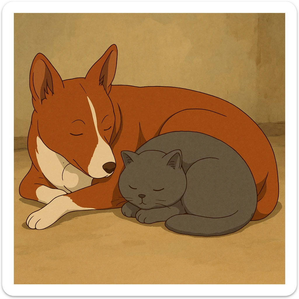 A gray British Shorthair cat curled up and sleeping next to a red Basenji dog sticker