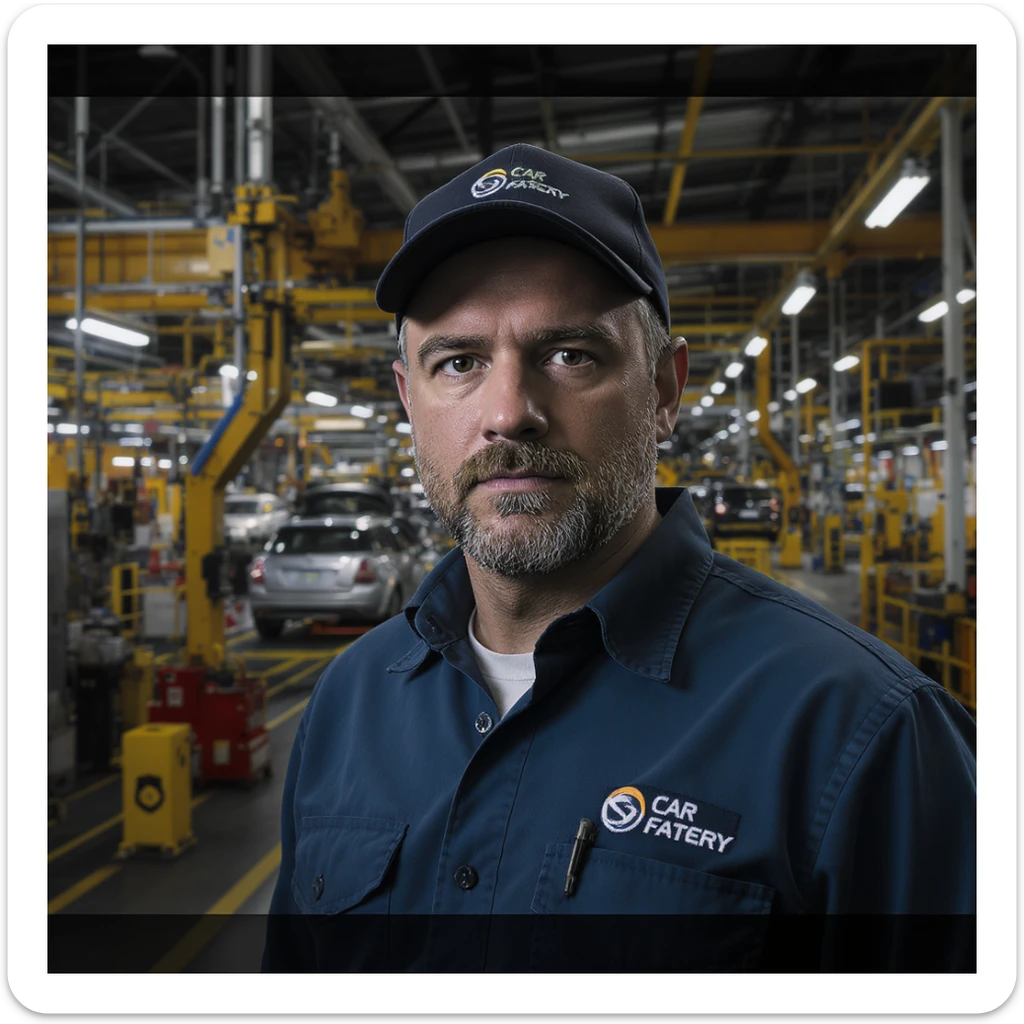 Realistic car factory, detailed machinery, industrial atmosphere, workers in uniforms, assembly lines with cars in production, realistic lighting and shadows, large warehouse-like structure with high ceilings, metal beams, and industrial equipment, realistic style sticker