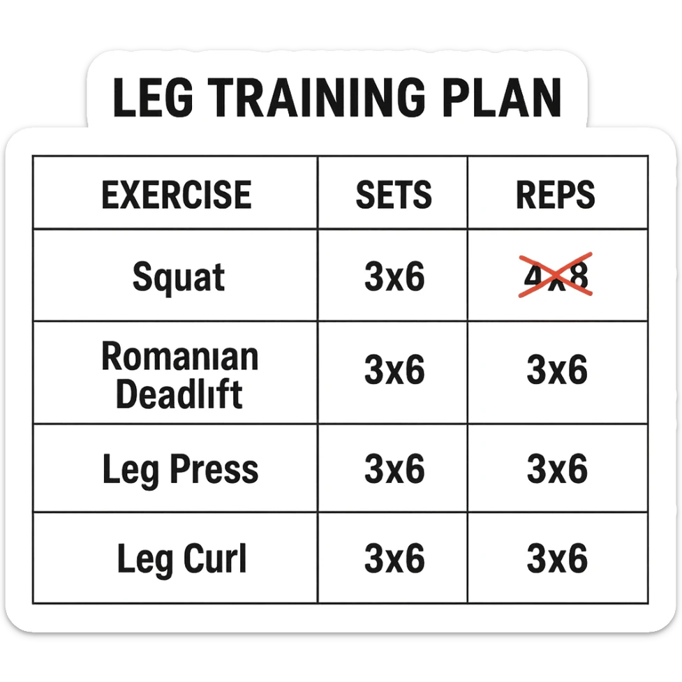 scheda di allenamento gambe con volume di allenamento ridotto (fai alcuni esercizi con 4x8 scritti in precedenza sbarrati in rosso e la correzione accanto tipo 3x6), scrivila al meglio che puoi sticker