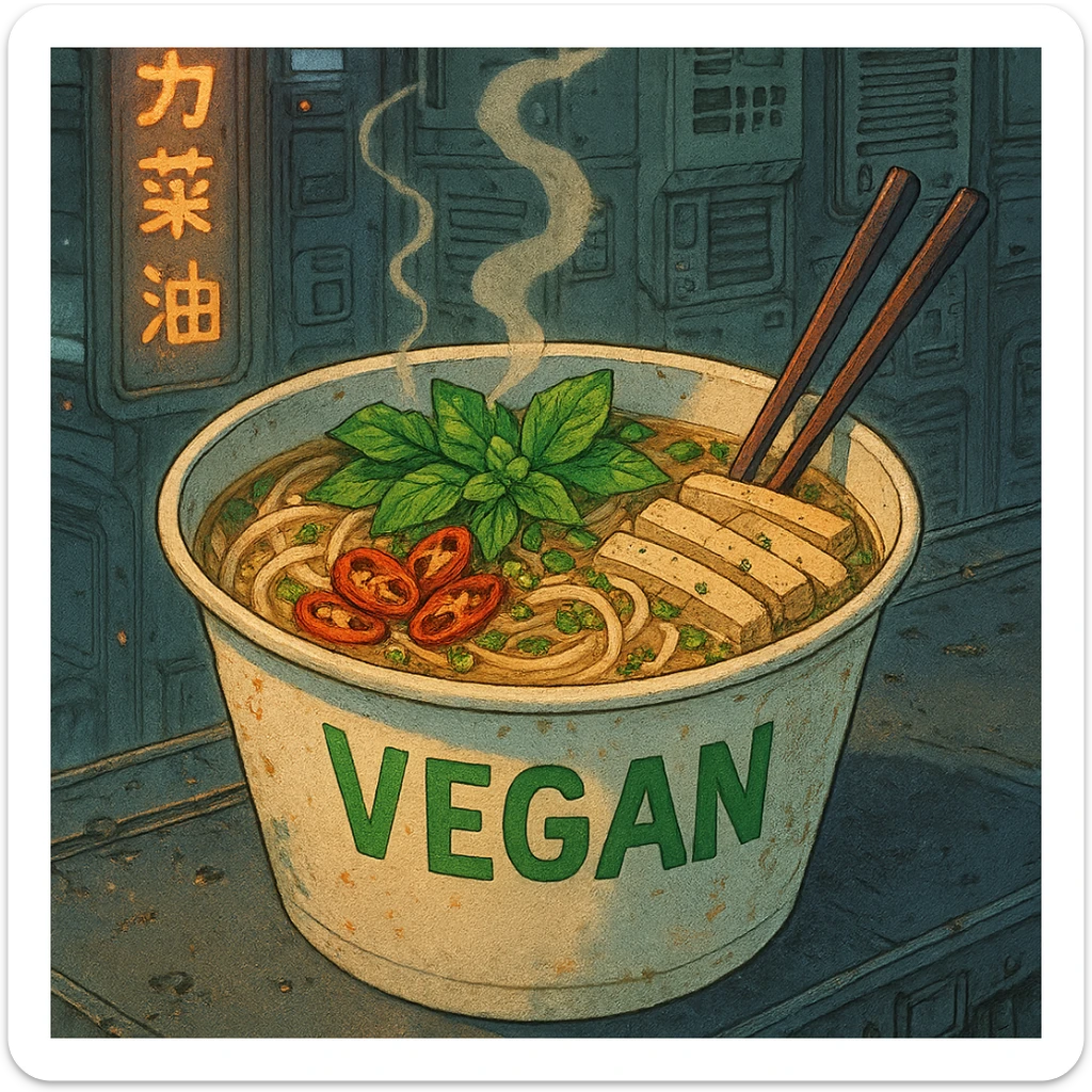 cyberpunk futuristic, scifi, a bowl of delicious VEGAN pho, ramen, 1990s, paper cup sticker