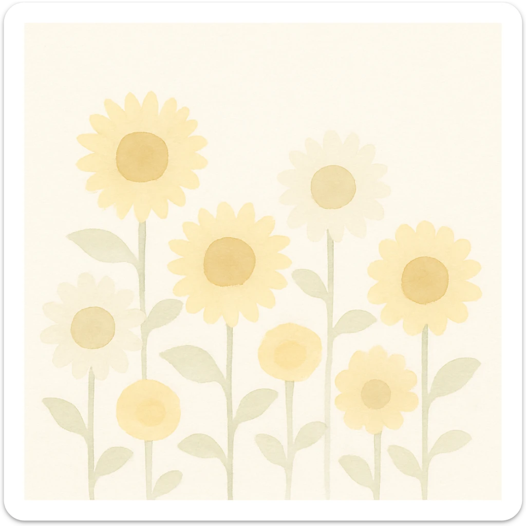 campo de girasoles amarillos con algunos girasoles blancos, estilo acuarela, colores suaves y pinceladas visibles, fondo natural sticker