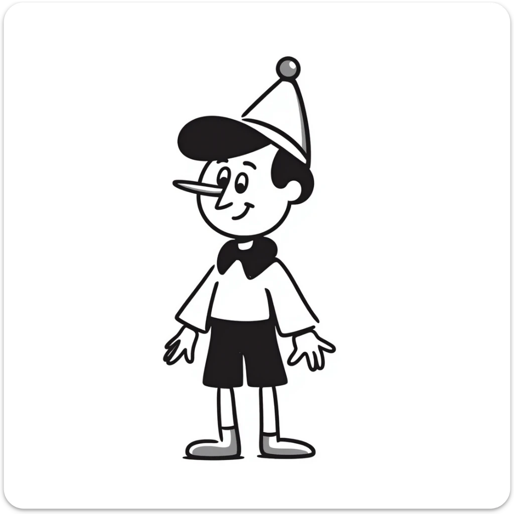 Hand-drawn Pinocchio puppet with a very long nose, wearing blue clothing and pointed hat sticker