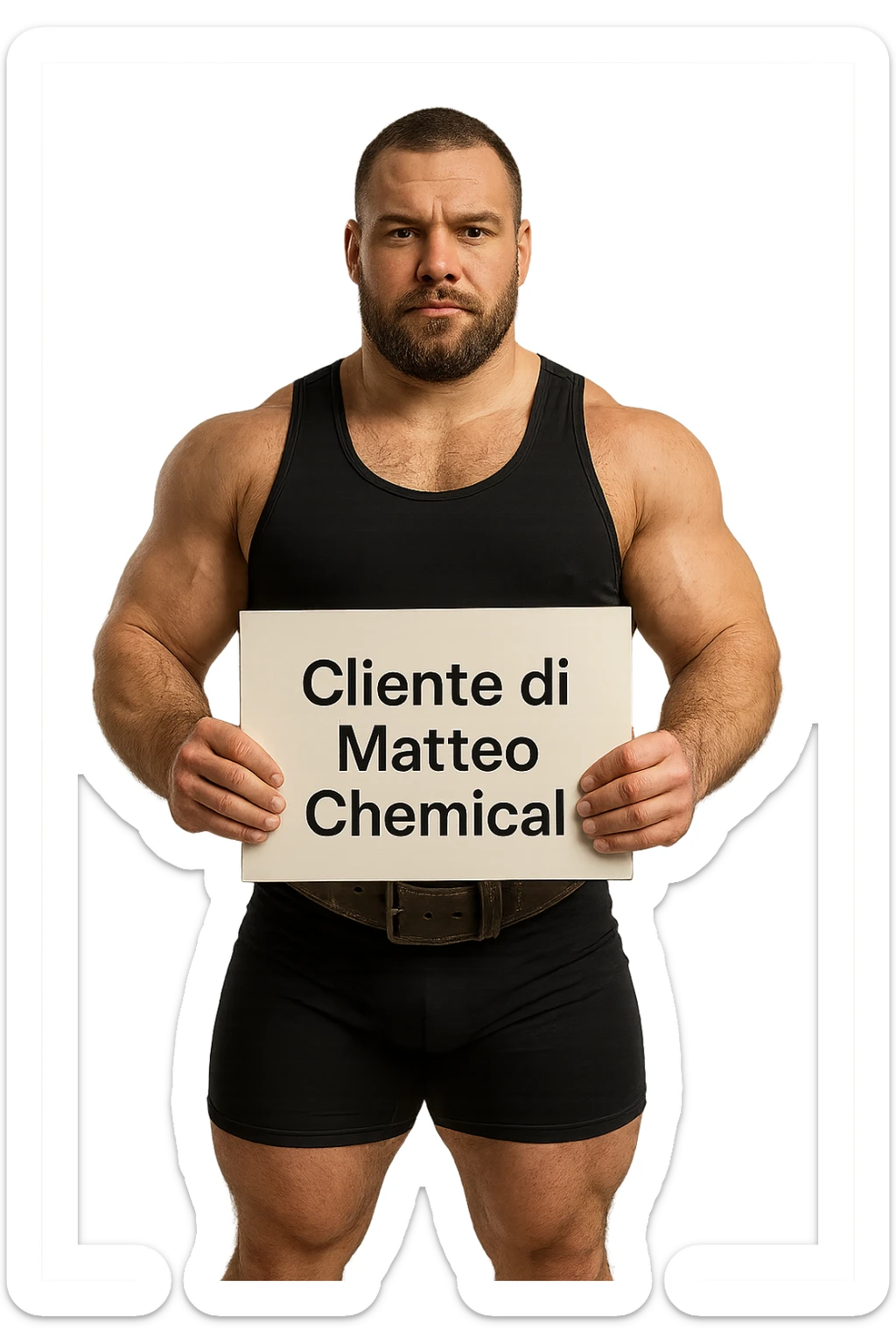 Powerlifter con in mano una targa o un foglio con scritto "Cliente di Matteo Chemical" sticker