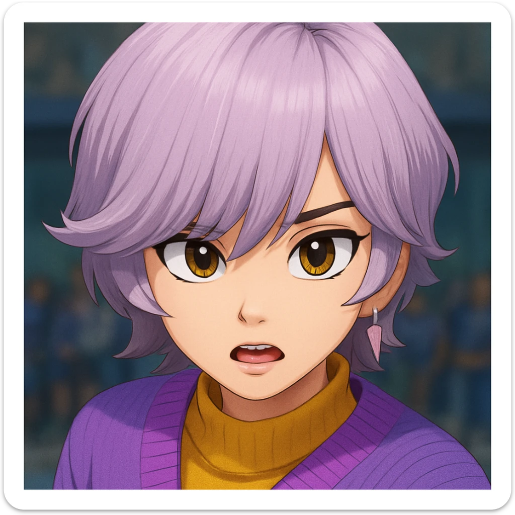 Move the hair just enough to reveal the eyes, and add cartoon eyes that closely match the original character's style, color, and expression. Keep the face shape, hair color, and all other features as close to the original as possible, maintaining a cartoonish look. sticker