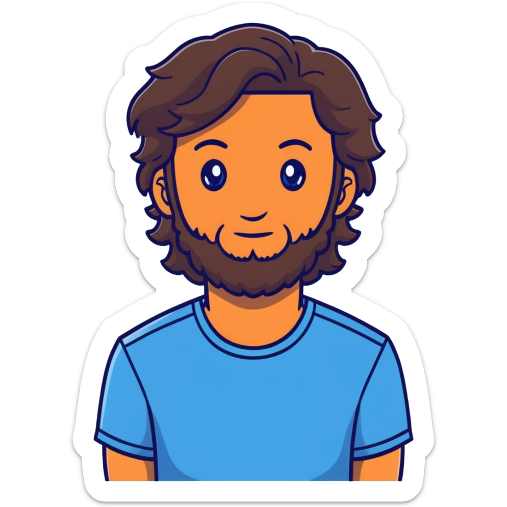 Lebanese man with one blue eye and one brown eye, dark brown longish wavy hair, light beard, closed mouth, kind expression, blue shirt sticker