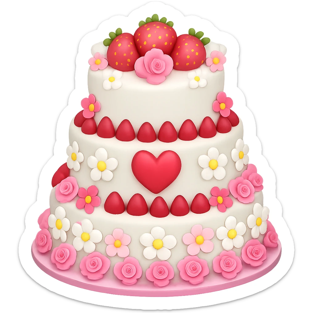 Add even more pink and white flowers to the white wedding cake with strawberries and heart topper in emoji style, with no background. The style should resemble emoji style with vibrant colors and simple shapes. sticker