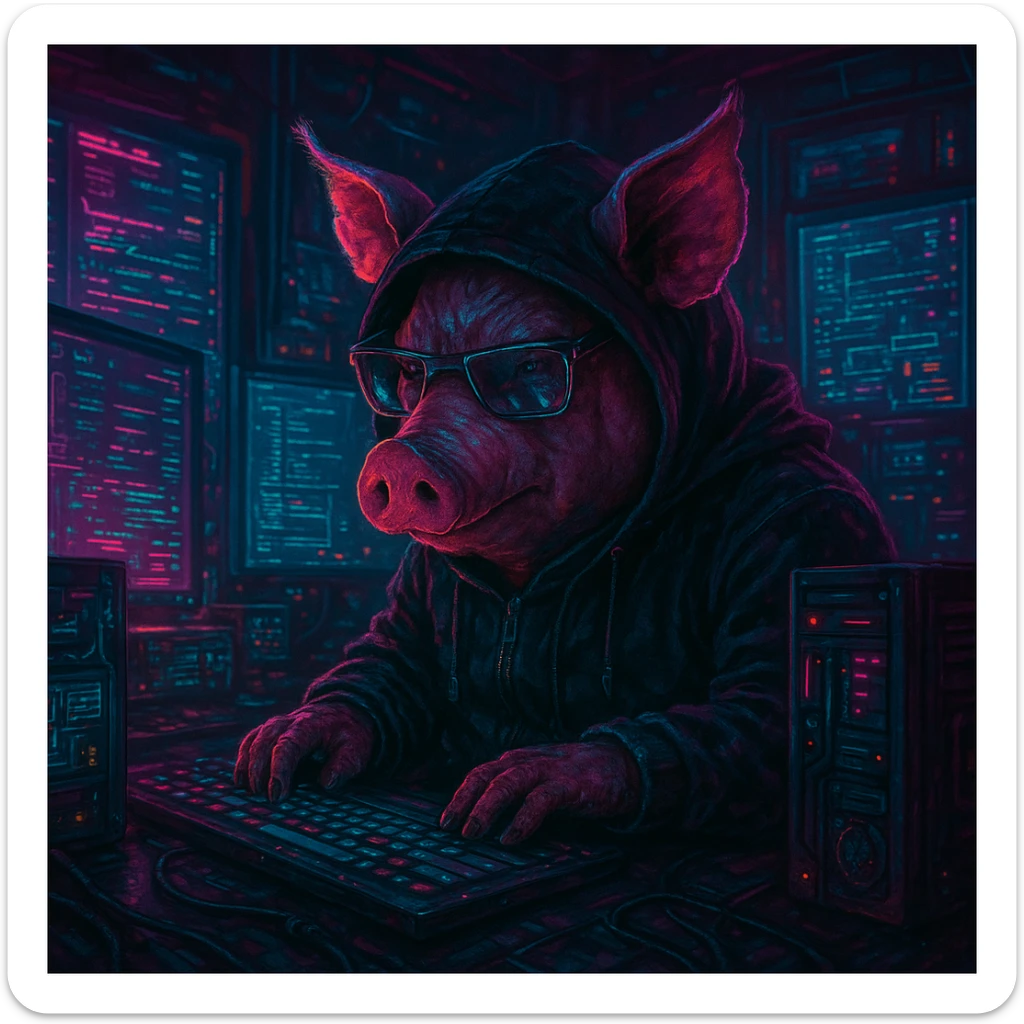 a pig hacker in a dark room, glowing screens, cyberpunk style, neon lights, futuristic, moody atmosphere sticker