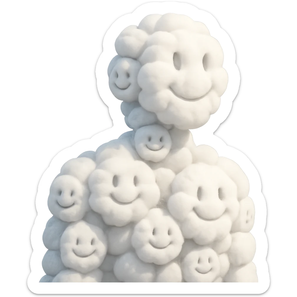 person made entirely of volumetric cloud smileys, shoulder view, looking straight sticker