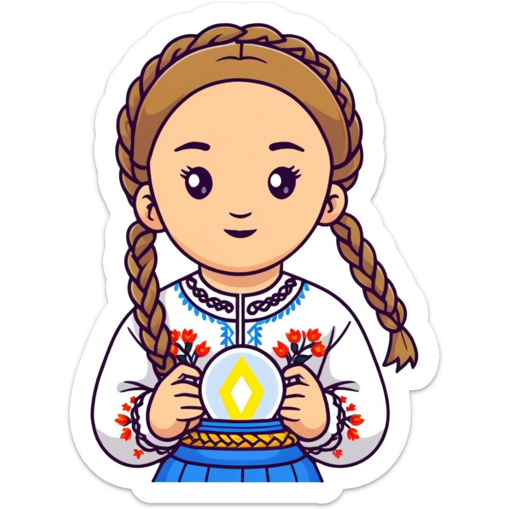 Young Ukrainian girl with braided hair in white traditional embroidered Ukrainian vyshyvanka shirt holding a small glowing light representing the soul sticker