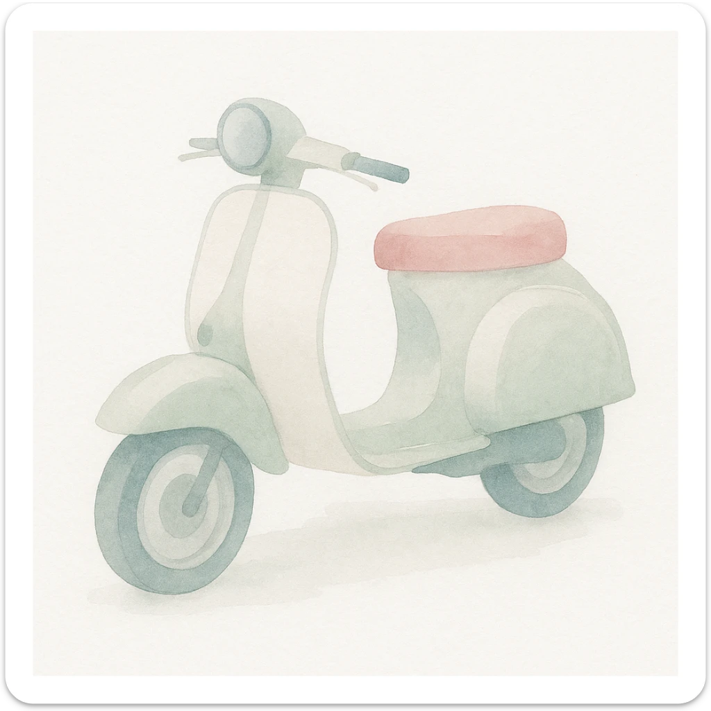 Vespa scooter in watercolor style with white, green, and pink pastel tones. sticker