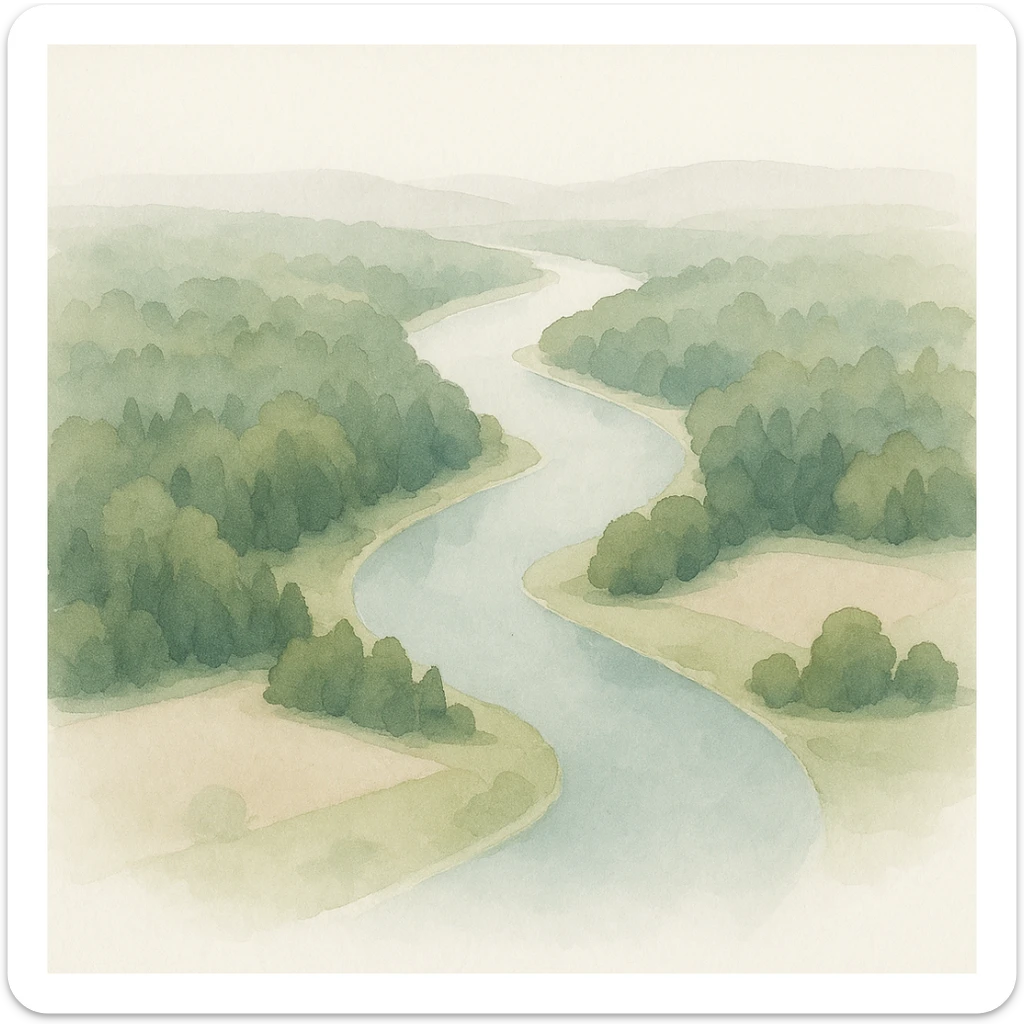aerial view of a nature landscape with a river, surrounded by forests and fields, watercolor art style sticker