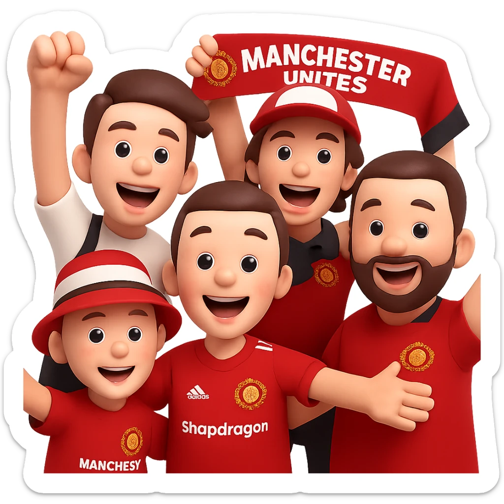 Create a group of Manchester United fans cheering, wearing red shirts and in celebratory poses, in a 3D emoji style. The background should be transparent. Focus on capturing the 3D emoji look with vibrant expressions and poses. sticker