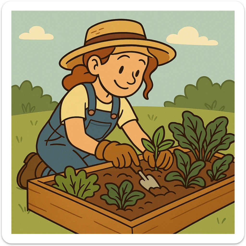 Change the woman's outfit to overalls and a straw hat in a flat toon style. sticker