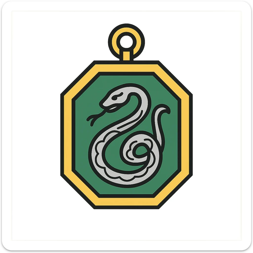 digital sticker of a Slytherin locket with ornate silver and green details, semi-realistic vector art style, clean outlines, flat colors, slight shadows, for a sticker sheet sticker