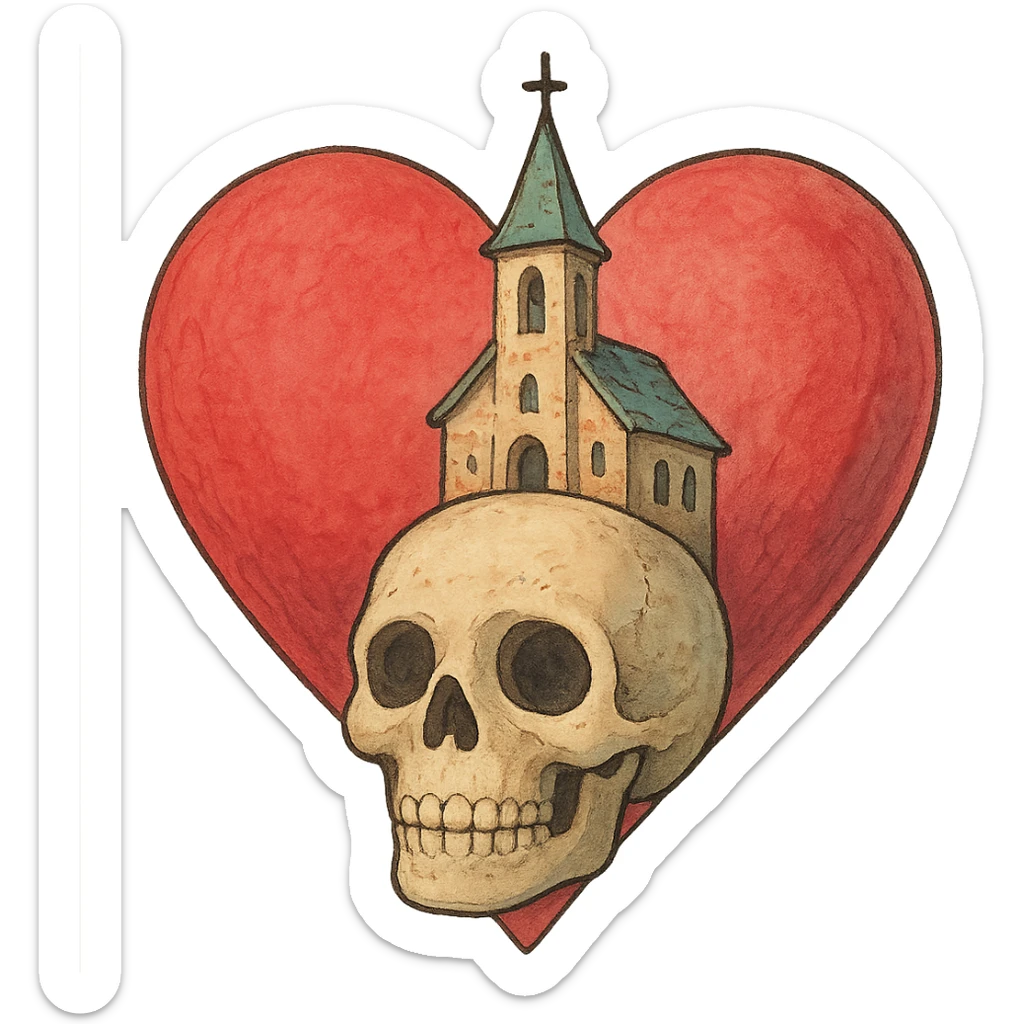 ghibli style heart, skull, and church combined as one symbol sticker