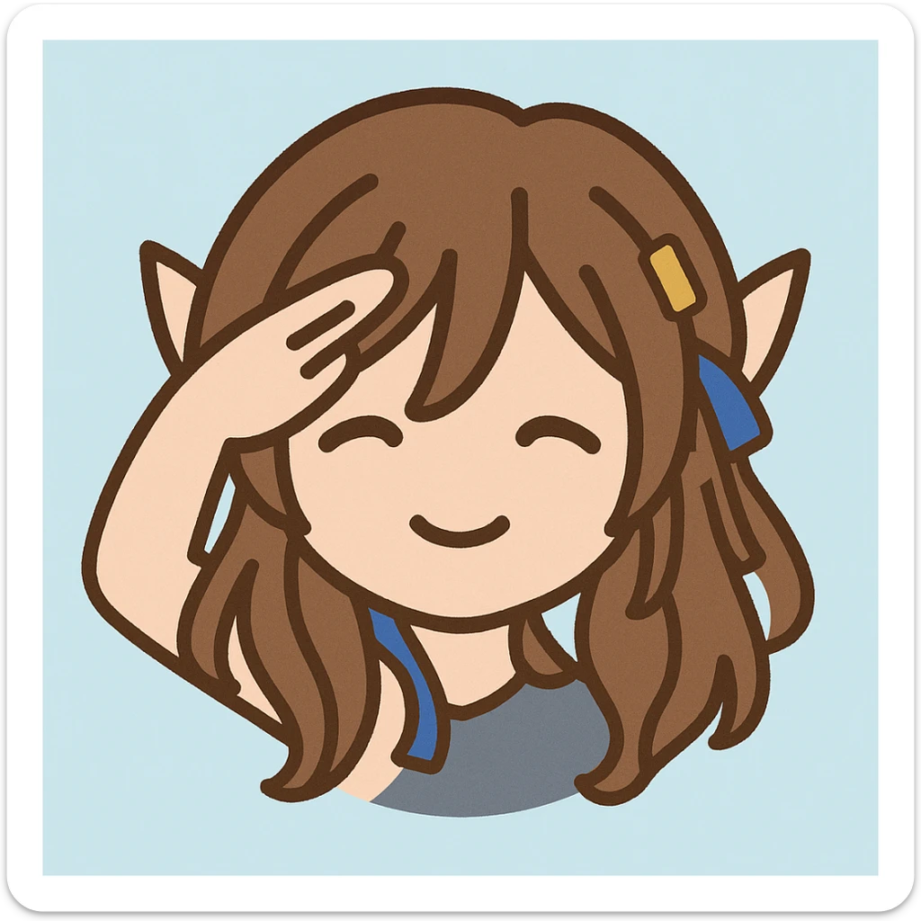 Create an emoji of a character saluting with right hand raised in military salute. Keep long brown hair, golden clips, blue ribbons, and pointy ears. Use a gentle pastel look. Remove the orange hand from the original image. Use a simple light blue background. Style should be emoji-like and simple. sticker