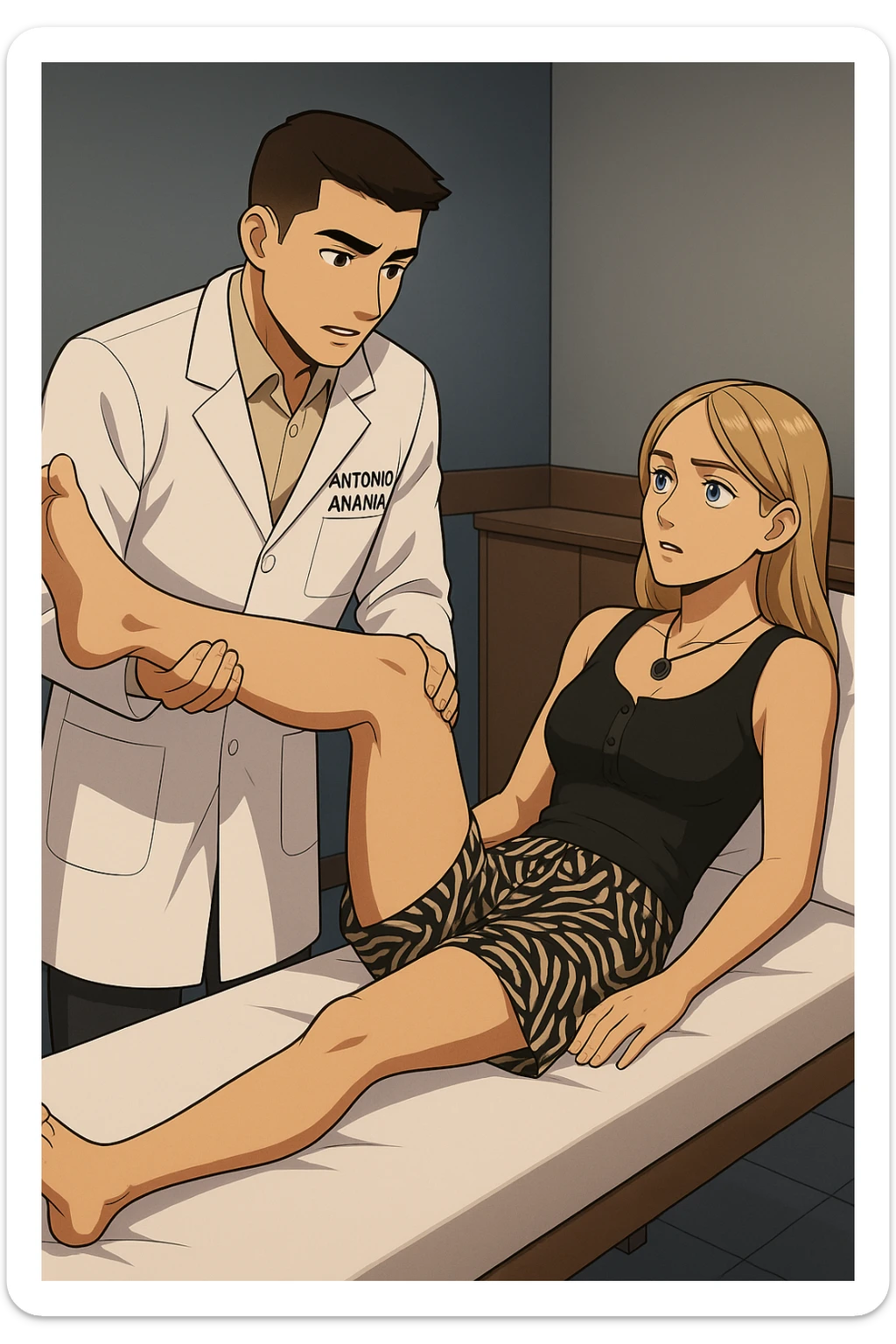 fai un webtoon/manga a colori con questo kinesiologo in camice bianco (fagli la scritta "ANTONIO ANANIA" SUL CAMICE) CHE SVOLGE UN TEST NEUROMUSCOLARE SOLLEVANDO UNA GAMBA ALLA RAGAZZA CHE è STESA SU UN LETTINO BIANCO. DURANTE IL TEST I DUE DIALOGANO TRA LORO. NON FARE I FUMETTI, FAI SOLO LORO COME SE DIALOGASSERO sticker