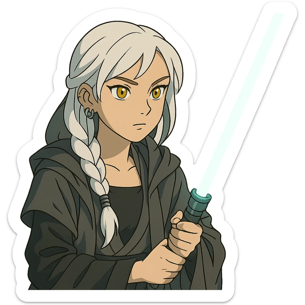  a closeup portrait of young woman with gold yellow eyes, white hair, long braid, black off-shoulder top, punk gothic style, futuristic cyberwave cyberpunk,  jedi attire and posture robes of a padawan, foreweilding a bright blue-green lightsaber sticker