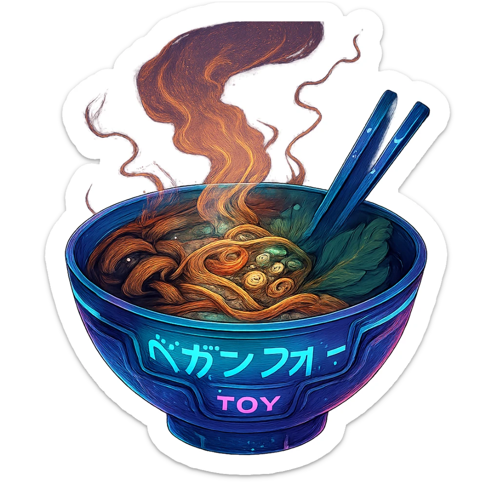 cyberpunk futuristic, scifi, a bowl of delicious VEGAN pho, ramen, piping hot sticker