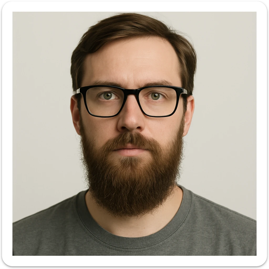 simple portrait of a white male in his mid 30s with green eyes, black square glasses, long brown beard, medium brown hair, neutral expression sticker