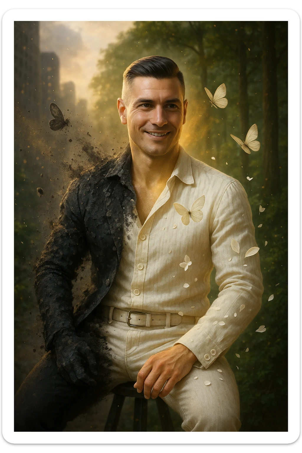 Trasformazione cinematografica: uomo d'affari in giacca sintetica nera che si sfalda come cenere, mentre da dentro emerge una nuova versione di sé vestita di lino color avorio, farfalle che nascono dalle fibre di cotone biologico, petali di fiori che si trasformano in bottoni di madreperla, capelli che diventano più folti e luminosi al contatto con tessuti naturali, pelle che letteralmente respira vapore dorato, city background che si trasforma in foresta rigogliosa, slow motion epico con particelle di luce danzanti sticker