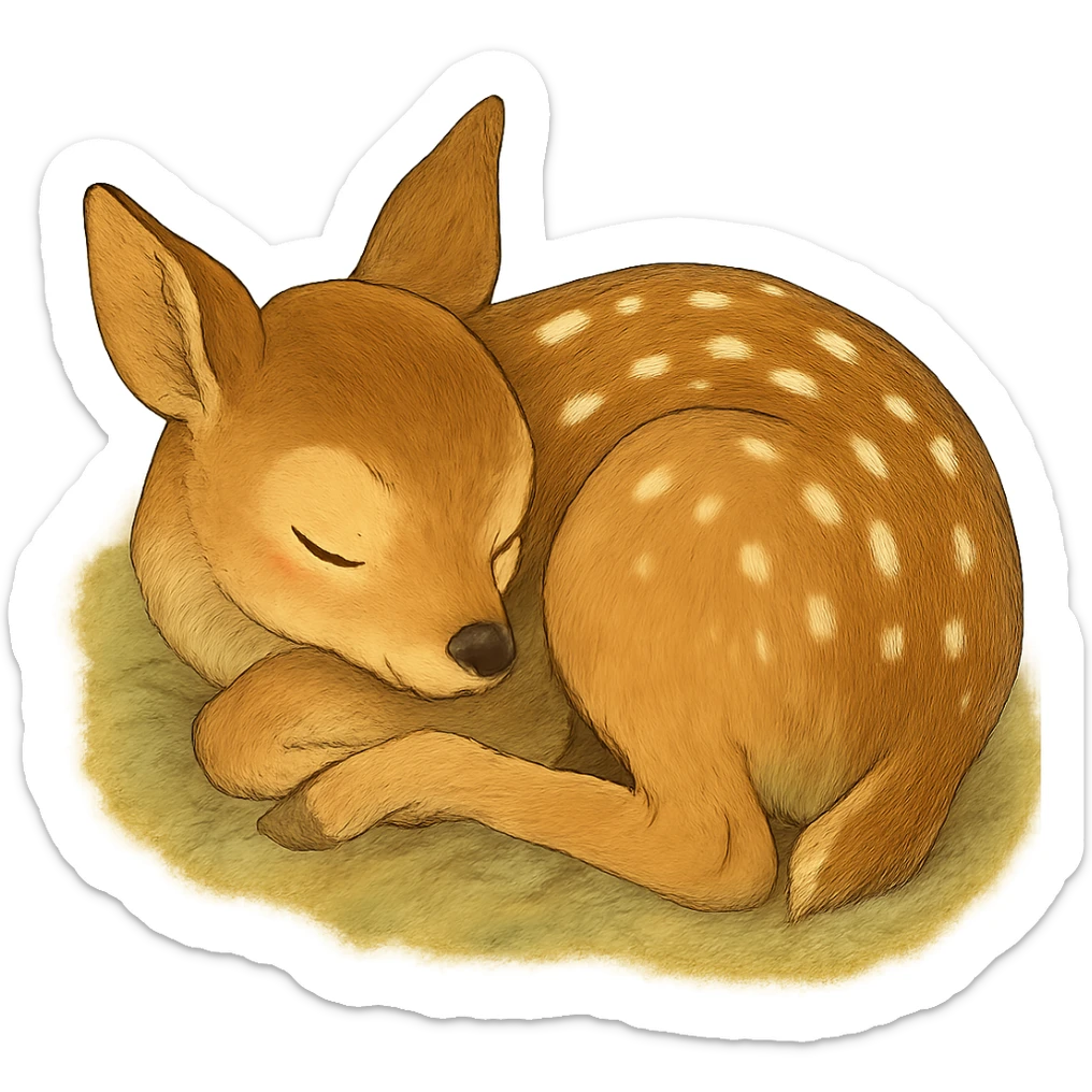 realistic baby fawn curled up sleeping, natural colors, soft, fairy-like atmosphere, no background, square size sticker