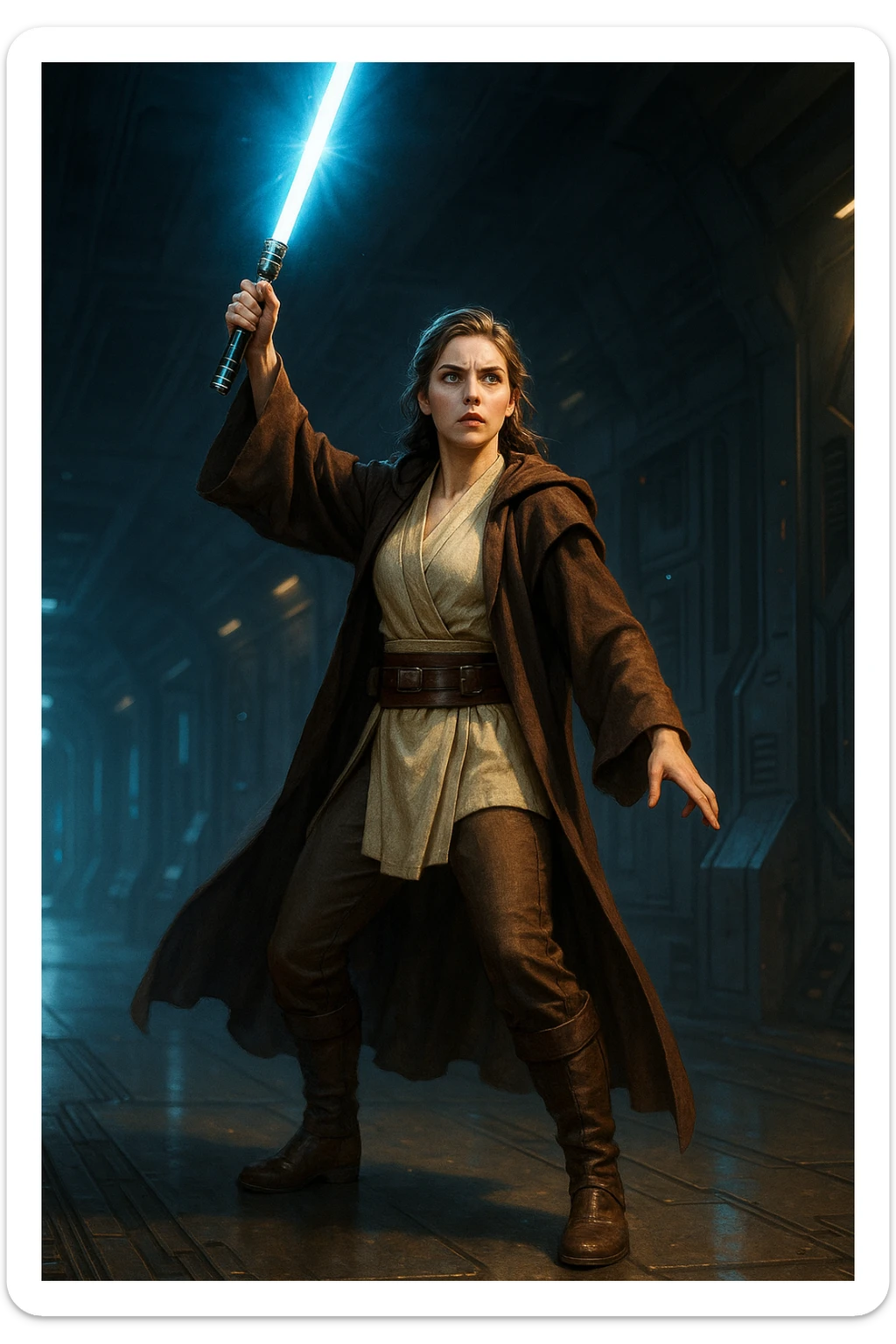 full body female Jedi holding a lightsaber high above her head in a heroic stance, glowing lightsaber, futuristic setting sticker