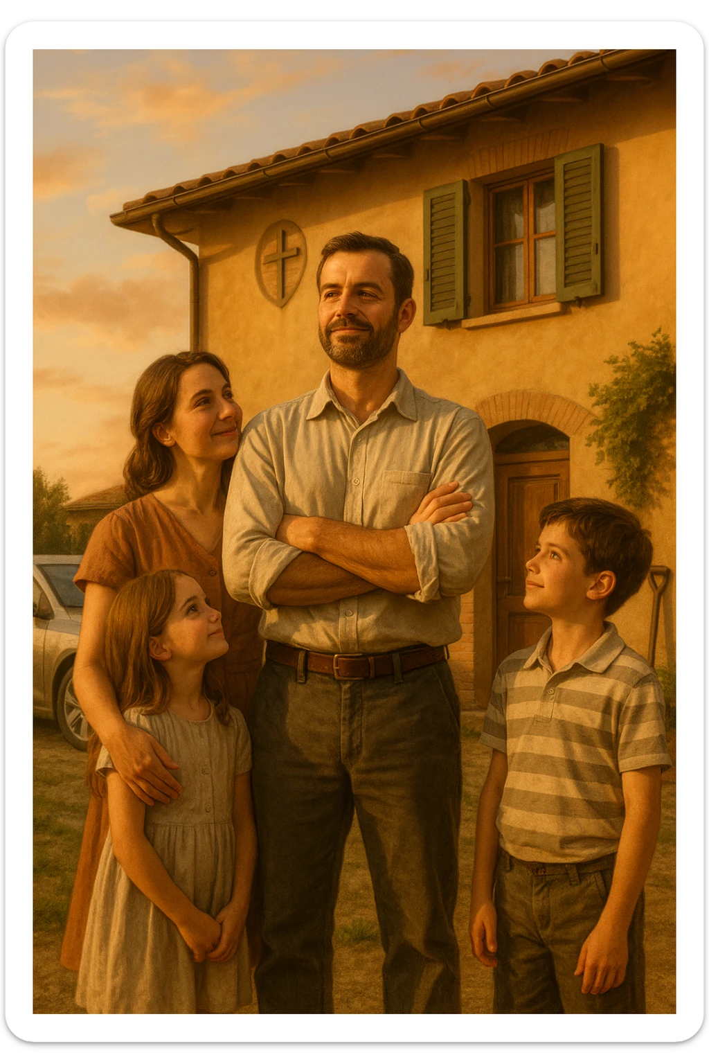 Uomo tra i 35 e i 45 anni, in piedi con postura fiera davanti alla sua casa, circondato dalla famiglia: moglie e figli lo guardano con rispetto e affetto. Indossa abiti semplici ma ordinati, simbolo di lavoro e stabilità (camicia, pantaloni, magari una cassetta degli attrezzi o una valigetta vicino). Sullo sfondo elementi che richiamano i suoi ruoli: casa ordinata, auto familiare, strumenti di lavoro, simboli di protezione e presenza. Espressione serena, forte ma accogliente. Colori caldi, luce naturale del tramonto. Stile realistico, atmosfera rassicurante e simbolica in italia, immagine realistica sticker