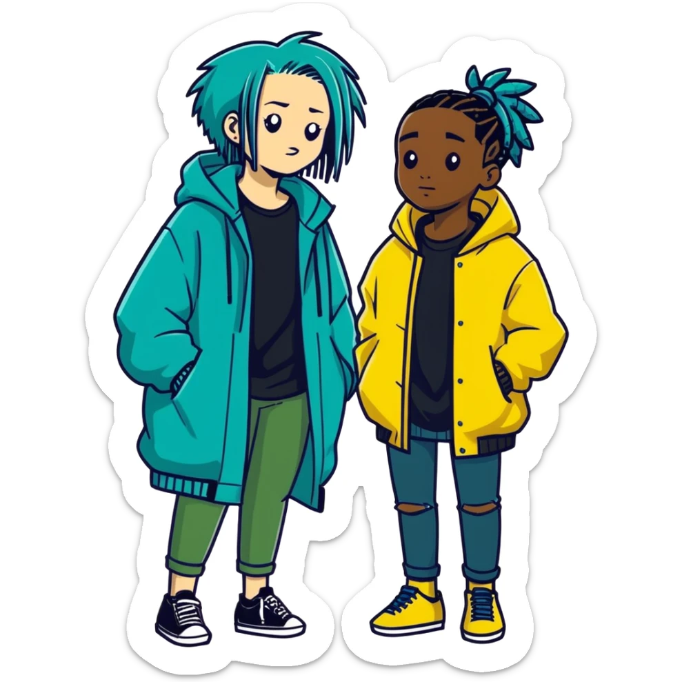 White girl with short teal hair wearing a black tee shirt with a black guy with black dreads wearing a dark blue tee shirt with puffy yellow coat sticker