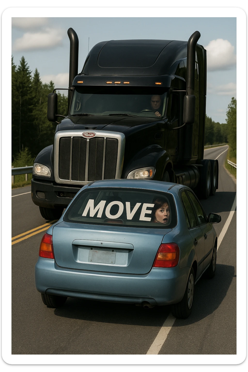 Change the semi truck to black, keep the rest of the scene the same, in a realistic style. sticker