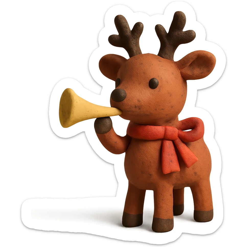 deer with ribbon scarf holding birthday horn in claymation style sticker
