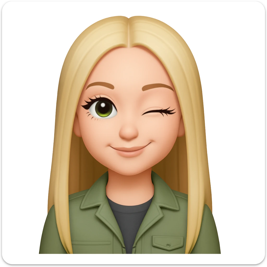 Make the winking girl have longer straight blonde hair with a middle part, bigger eyelashes, and a grey shirt under her sage green jacket. Maintain the original style and details. sticker