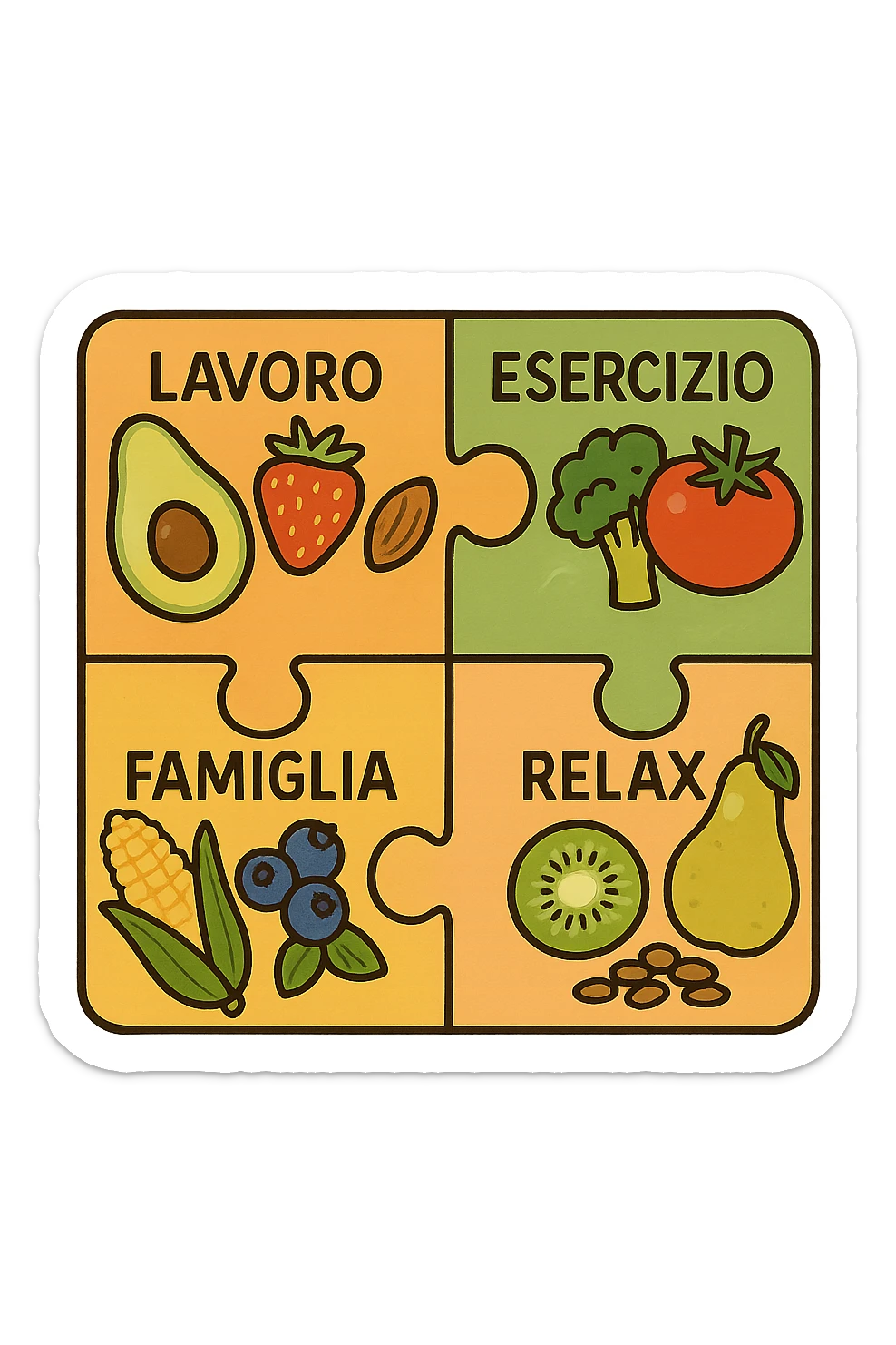 Puzzle (Lavoro, Esercizio, Famiglia, Relax), and healthy foods are integrated into each piece. in italiano sticker
