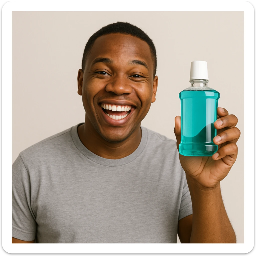 A cheerful Black man with short hair, holding up mouthwash and grinning, minimal background. sticker