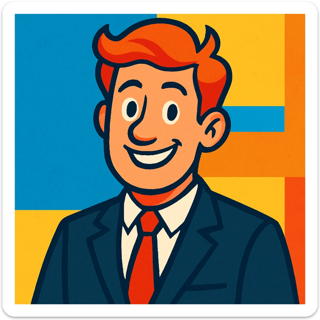 red-haired man in a black suit with a red tie, smiling at the camera, vibrant toon style sticker