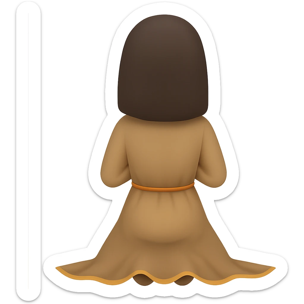 Show the woman kneeling and praying from the back view, wearing a long tan dress, with dark brown hair, in emoji style, no background. sticker