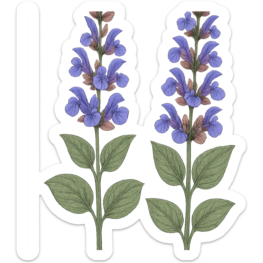 two stems of clary sage with bluey purple flowers, no plant pots, botanical, isolated, clear details sticker