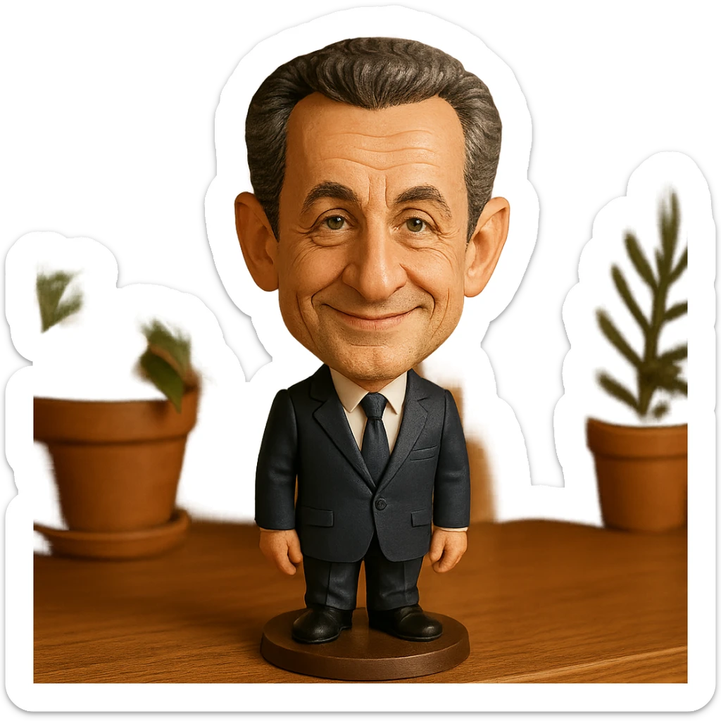 bobblehead style figure of Nicolas Sarkozy, French politician, suit and tie, oversized head, friendly expression sticker
