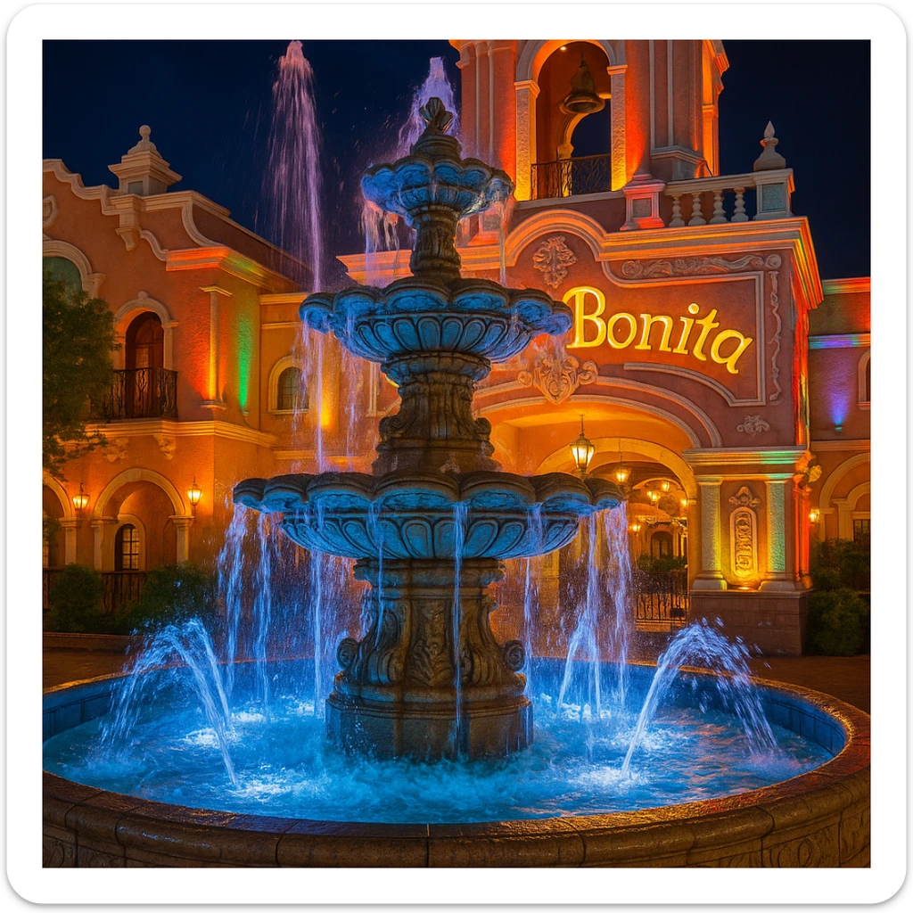 Casa Bonita Fountain, detailed, vibrant, iconic, water splashing, architectural focus sticker