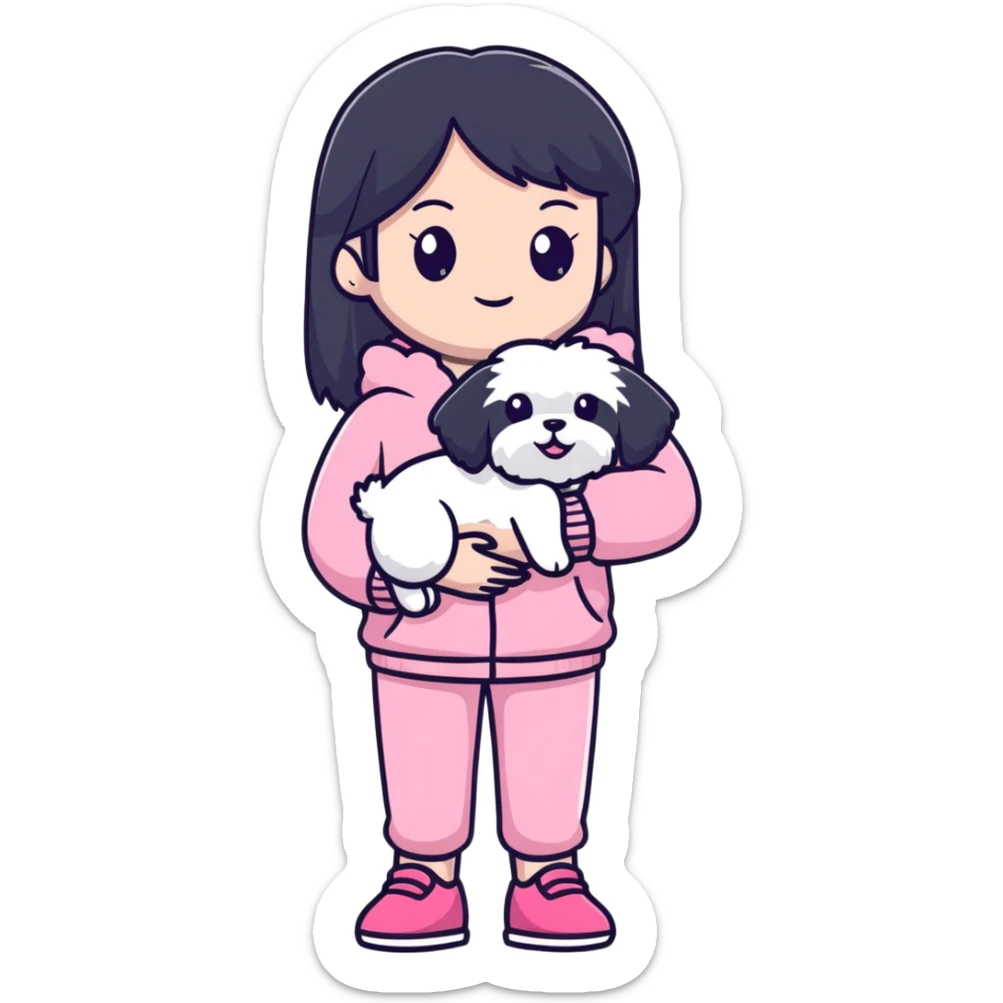 Beautiful girl with long straight black hair, fair skin, wearing pink clothes, holding a pure white fluffy Maltese dog sticker