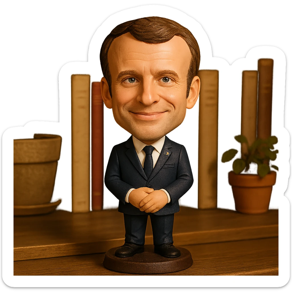 bobblehead style figure of Emmanuel Macron, French president, suit and tie, oversized head, confident smile sticker