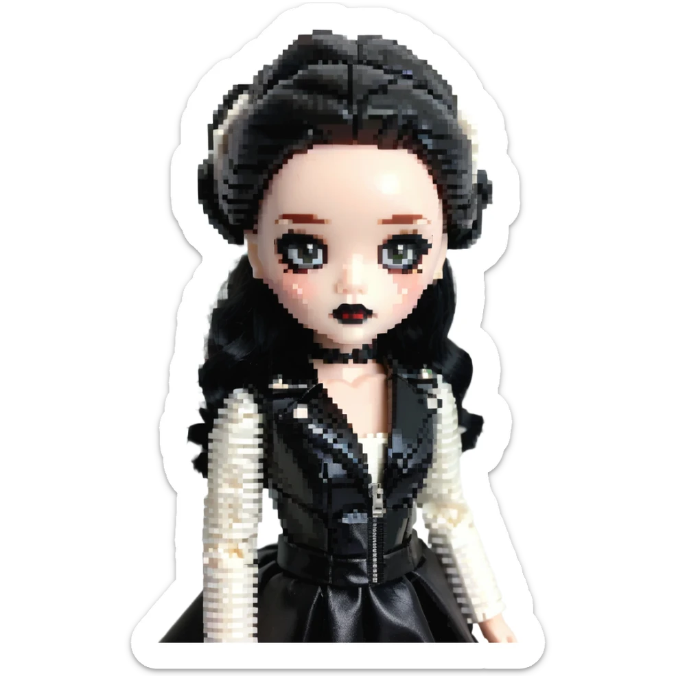Chucky's bride doll with black lipstick, black dress, leather jacket, smoky eye makeup sticker