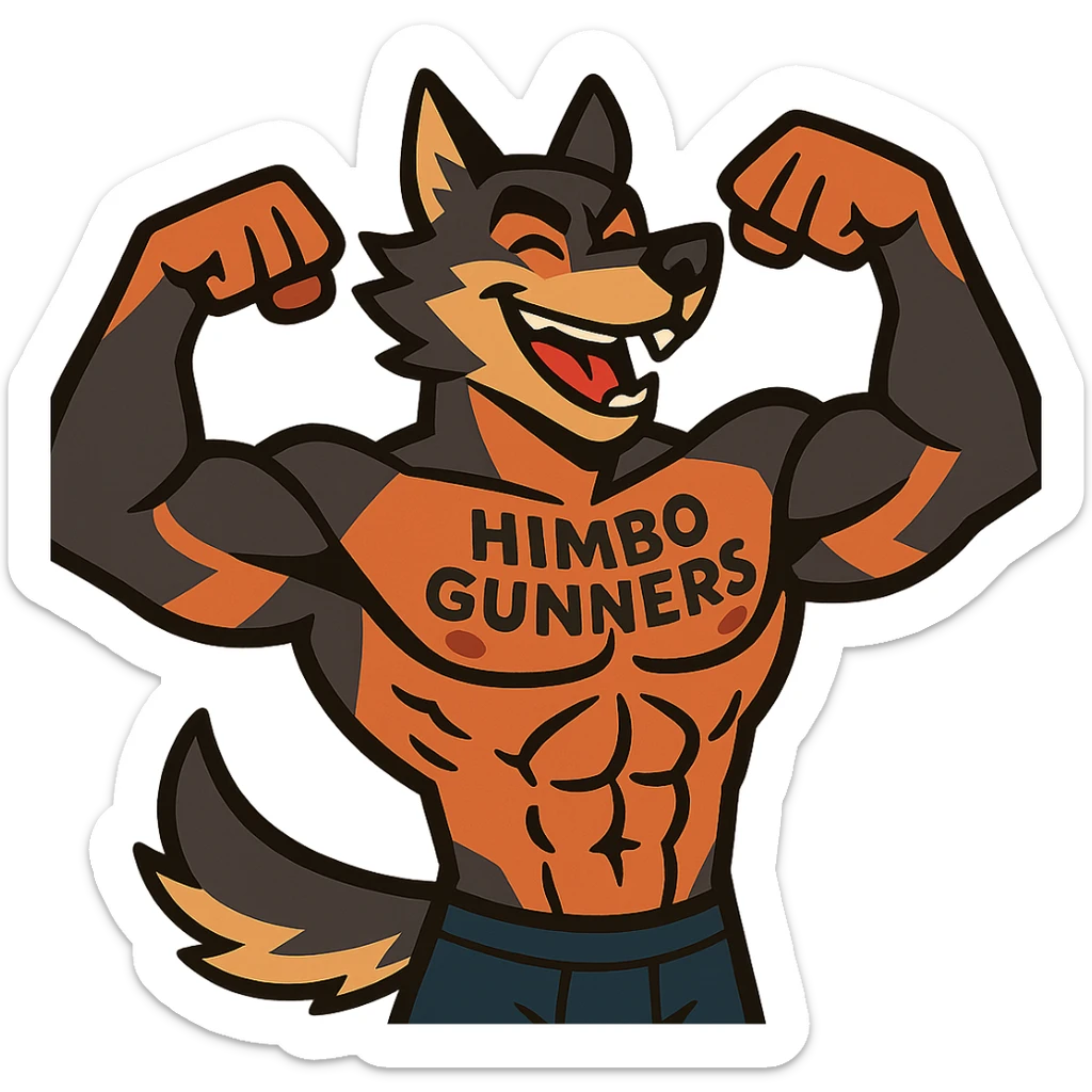 very muscular, handsome wolf furry, shirtless, with 'Himbo Gunners' tattooed on chest, flexing pose, energetic, playful, and attractive sticker